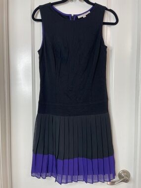 LOFT Black Sleeveless Dress with Purple Pleated Hem
